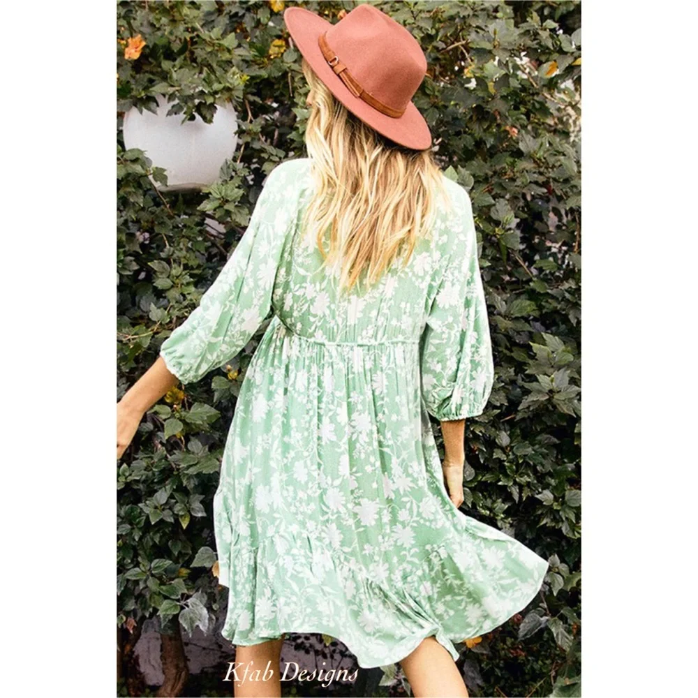 ❤️LAST 2 V Neck Floral Asymmetrical Hem 3/4 Sleeve Shirred Pleating Detail Dress - Picture 8 of 8